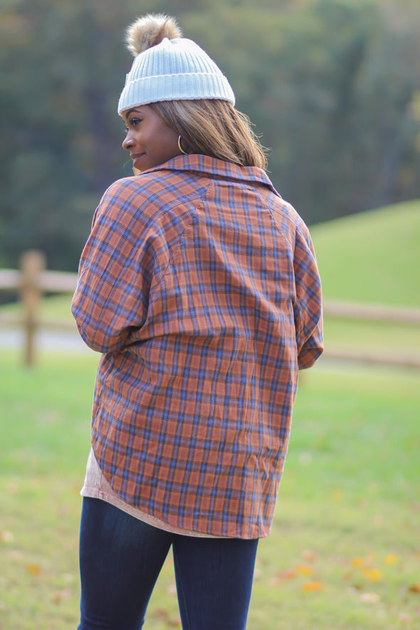 Camel & Blue Plaid Button Down Flannel Top