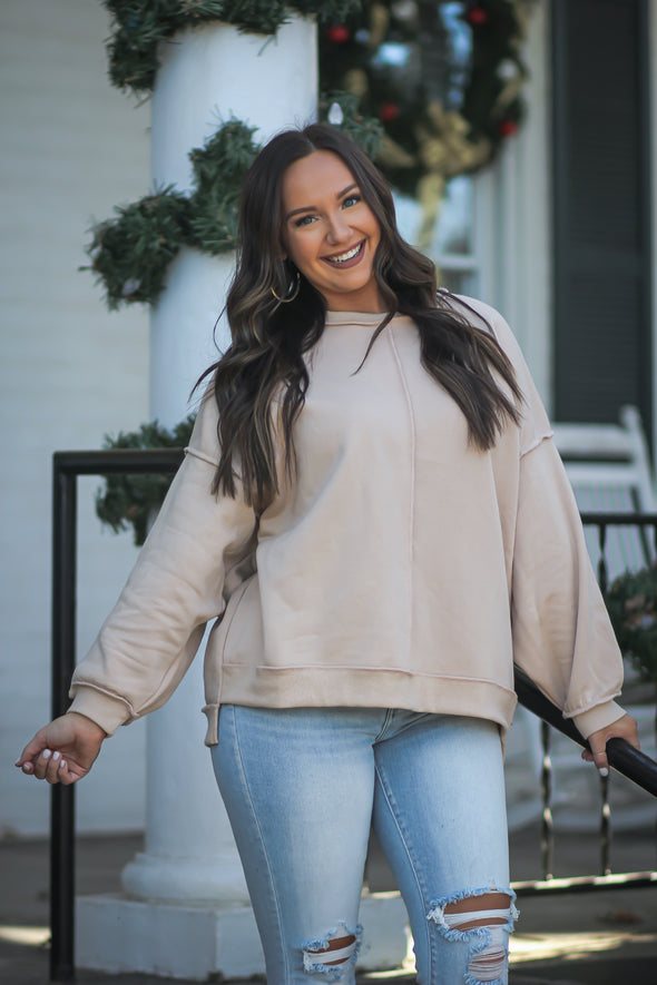 Taupe Oversized Exposed Seam Pullover
