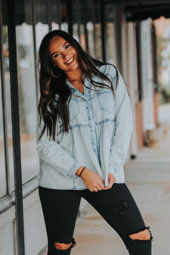 Washed Denim Peplum Button Down Top