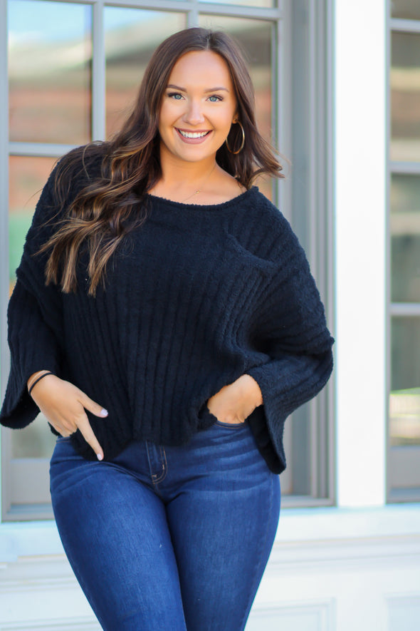 Black 3/4 Length Ribbed Sweater