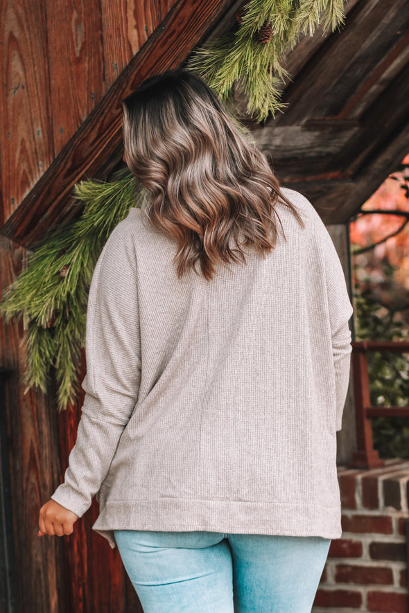 Taupe Waffle Knit Boxy Long Sleeve Top