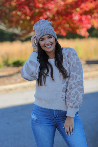 Taupe Leopard Fuzzy Knit Sweater