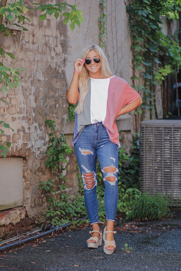 Multi Color Block Short Sleeve Top In Regular & Curvy