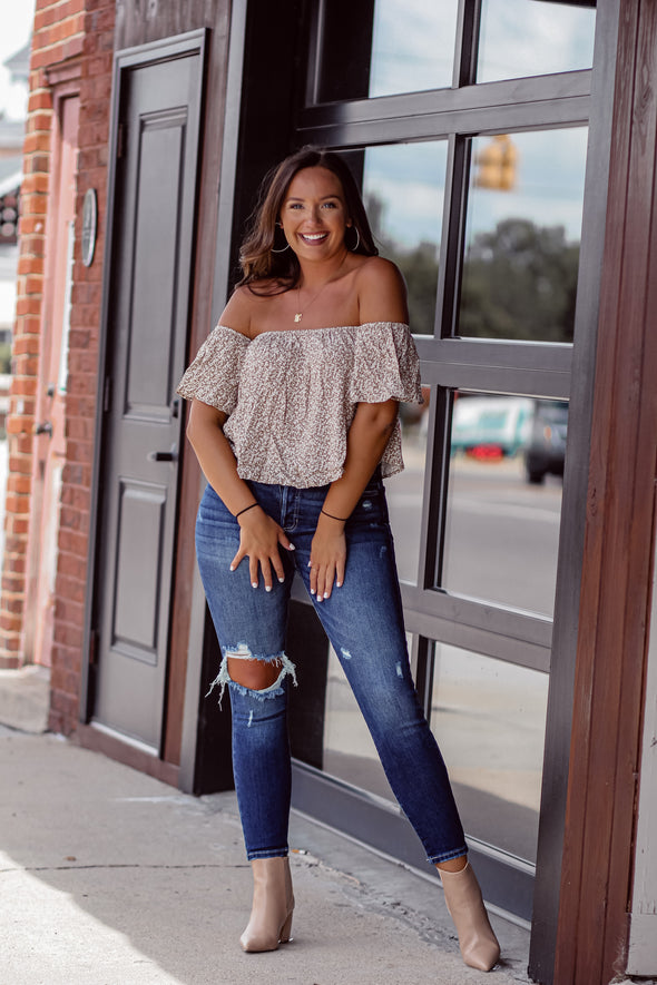 Taupe Ditsy Floral Off Shoulder Top