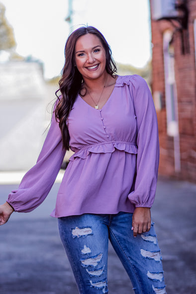 Lavender Button Down Ruffle Detail Blouse in Regular & Curvy