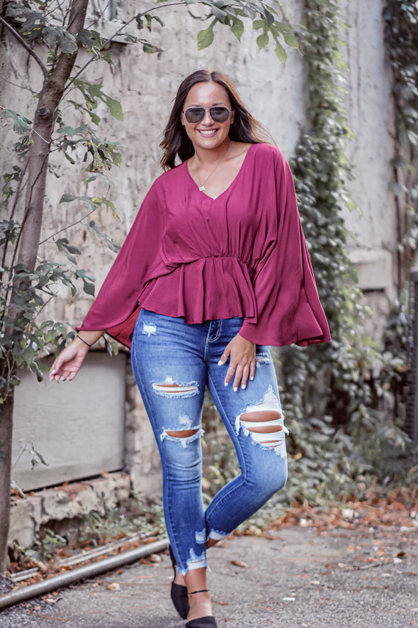 Wine V Neck Batwing Peplum Blouse