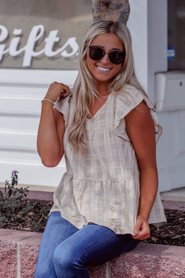 Taupe Textured Tiered Babydoll Blouse