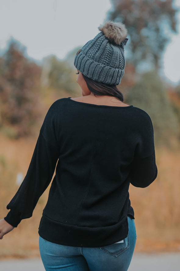 Black Ribbed Knit V Neck Long Sleeve Top In Regular & Curvy