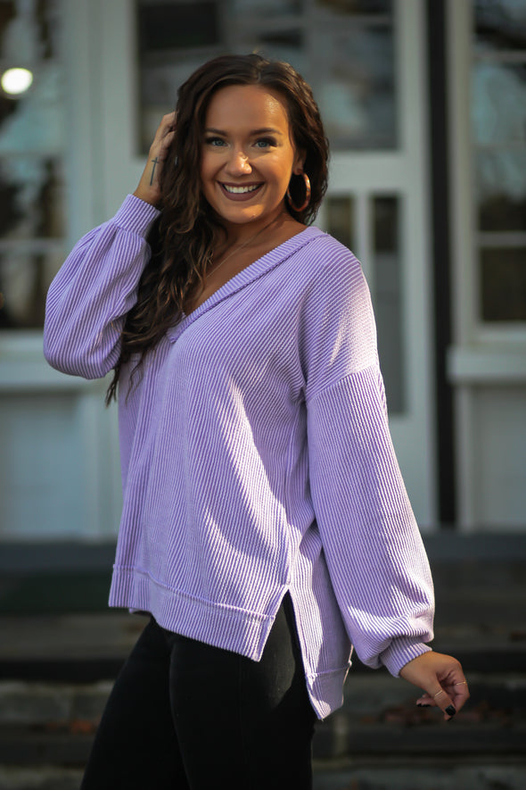 Lavender Ribbed V Neck Pullover Top