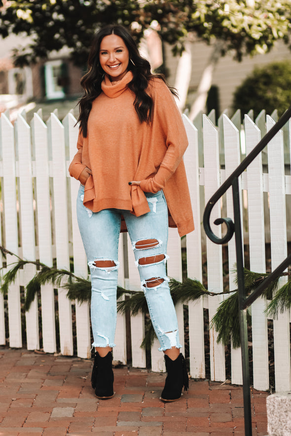 Buttery Orange Brushed Cowl Neck Poncho Top