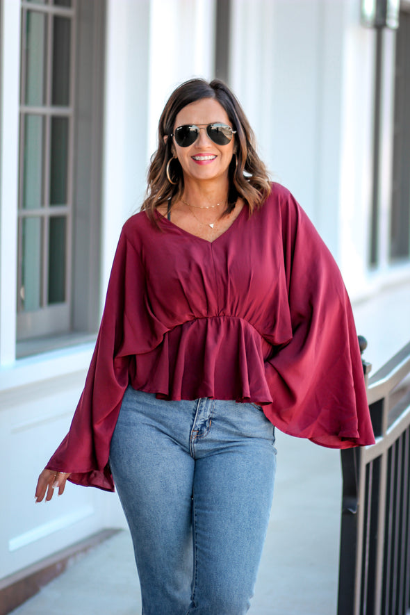 Wine V Neck Batwing Peplum Blouse