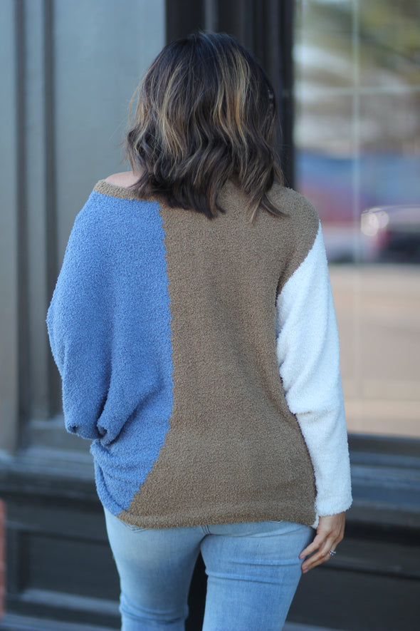 Brown & Blue Colorblock Dolman Sleeve Sweater