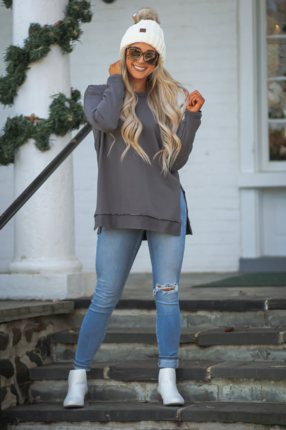 Charcoal French Terry Pullover Top