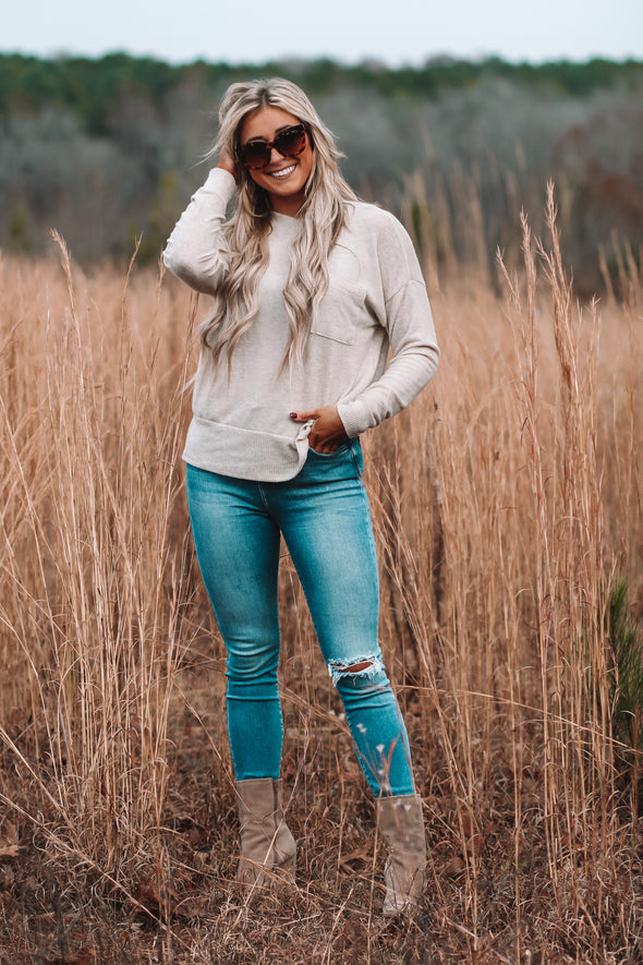 Oatmeal Brushed Front Pocket Long Sleeve Top