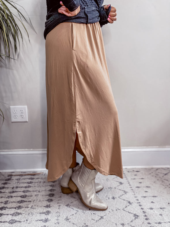 Camel Smocked Waist Side Pocket Maxi Skirt