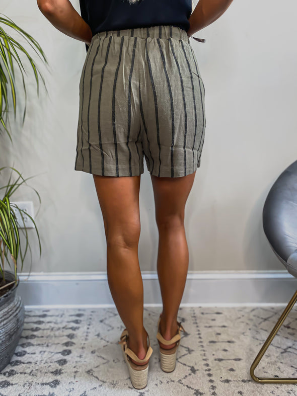 Olive Stripe Linen Drawstring Shorts