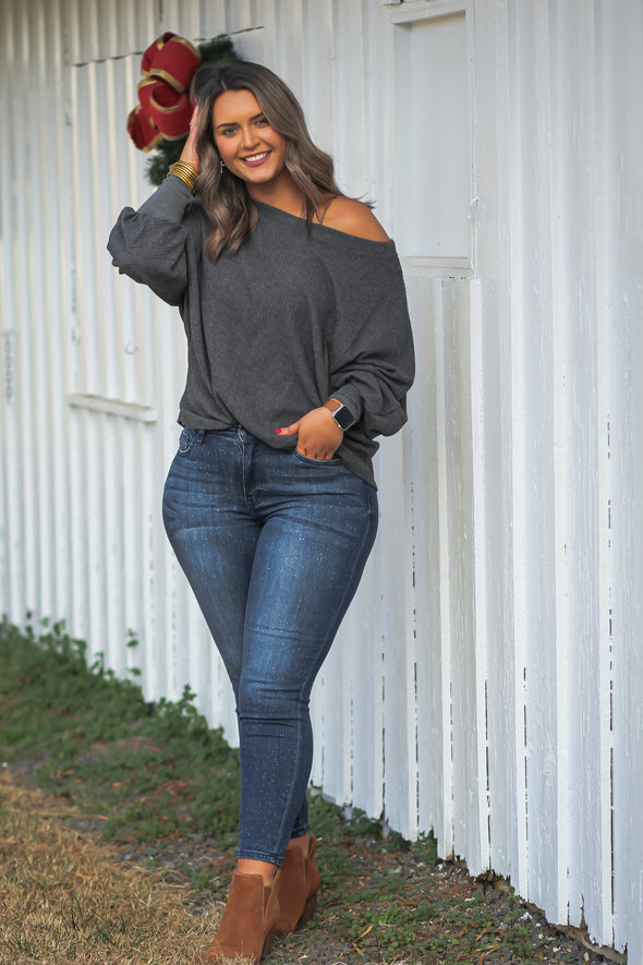 Charcoal Waffle Knit Boat Neck Long Sleeve Top