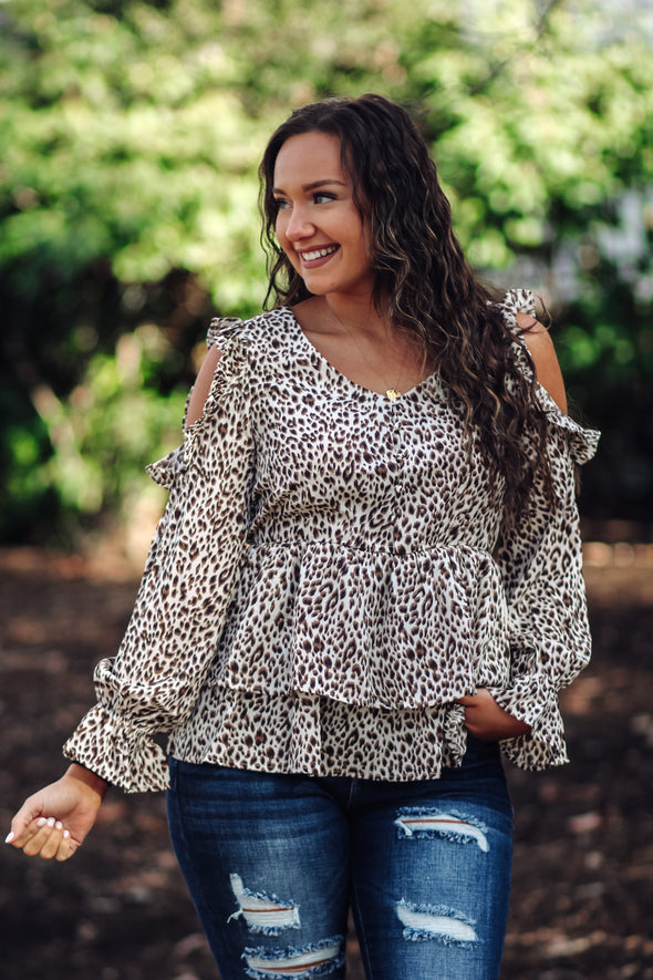 Cream Leopard Cold Shoulder Blouse In Regular & Curvy