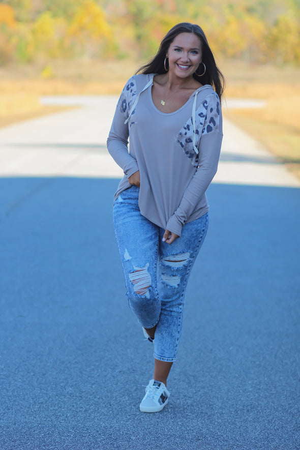 Taupe & Leopard Hooded Long Sleeve Top