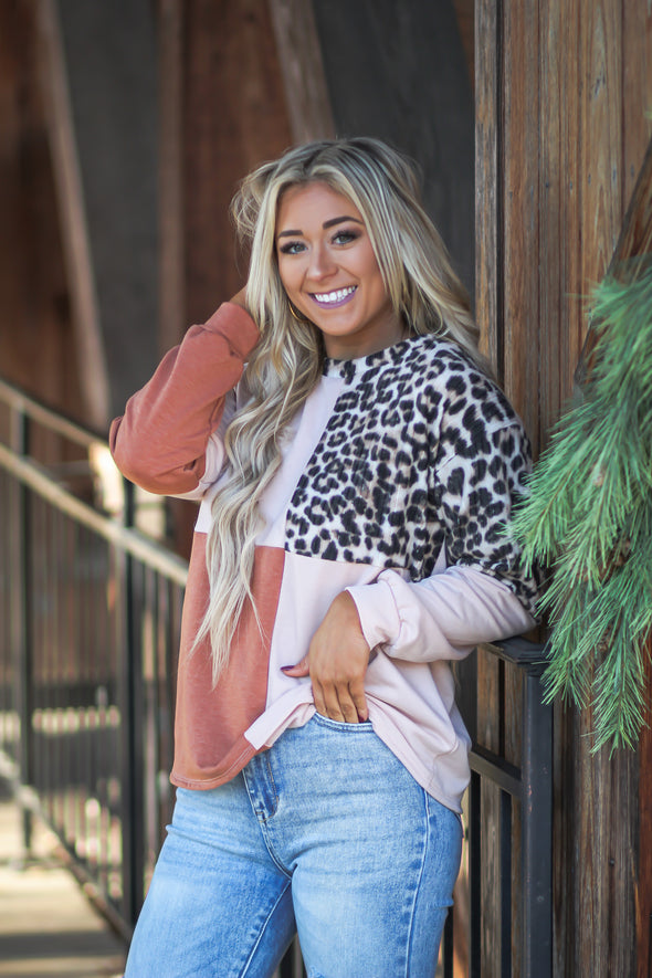 Blush & Leopard Colorblock Brushed Long Sleeve Top