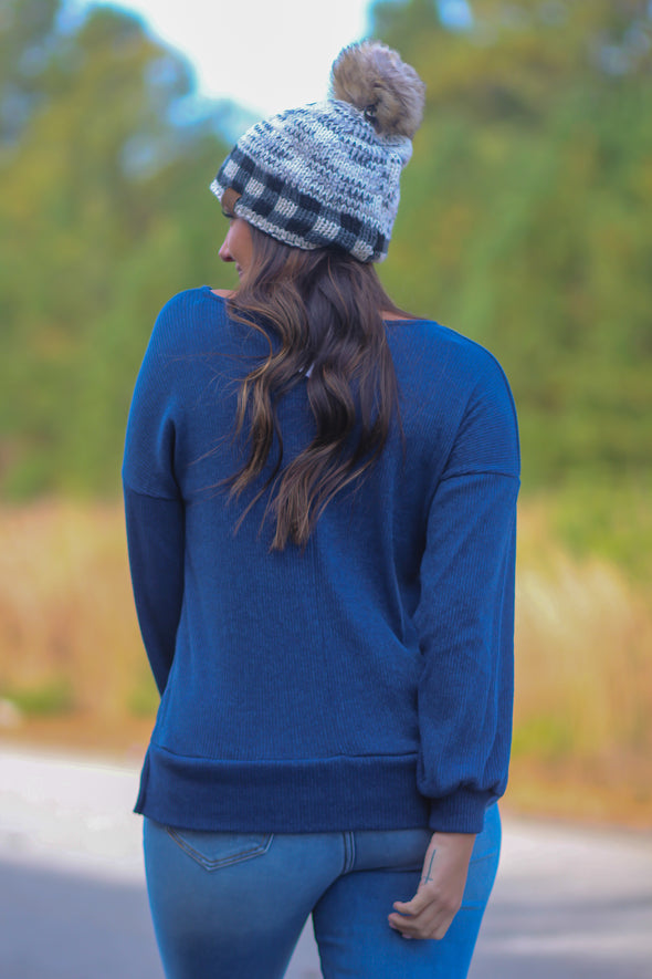 Navy Ribbed Knit V Neck Long Sleeve Top In Regular & Curvy