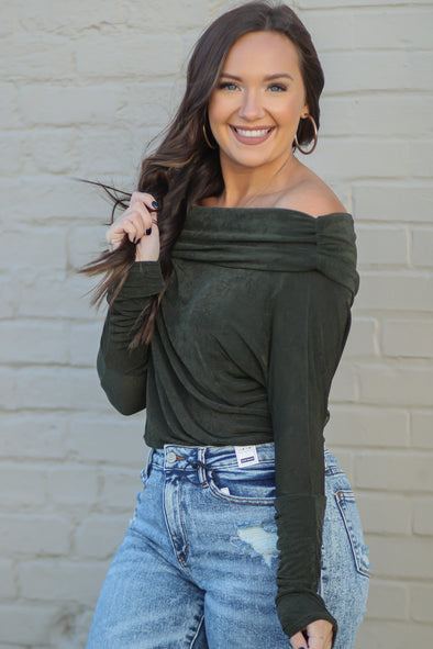 Olive Off Shoulder Long Sleeve Bodysuit