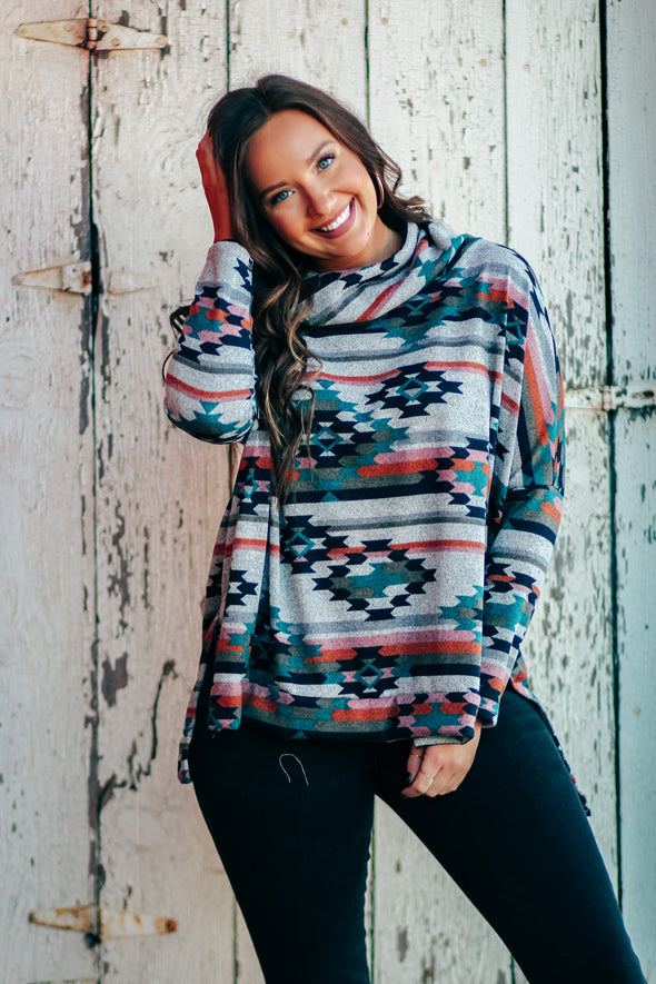 Heather Grey Multi Aztec Cowl Neck Top