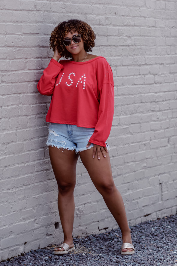 Red & Ivory Star USA Open Back Long Sleeve Top