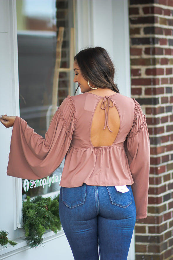 Rose Bell Sleeve Open Back Peplum Top