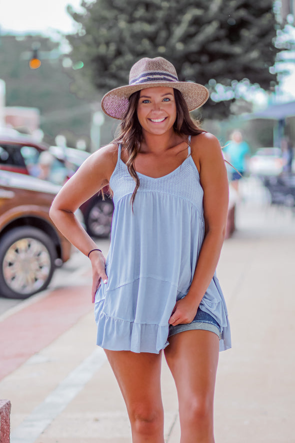 Dusty Blue Contrast Waffle Knit Tunic Top