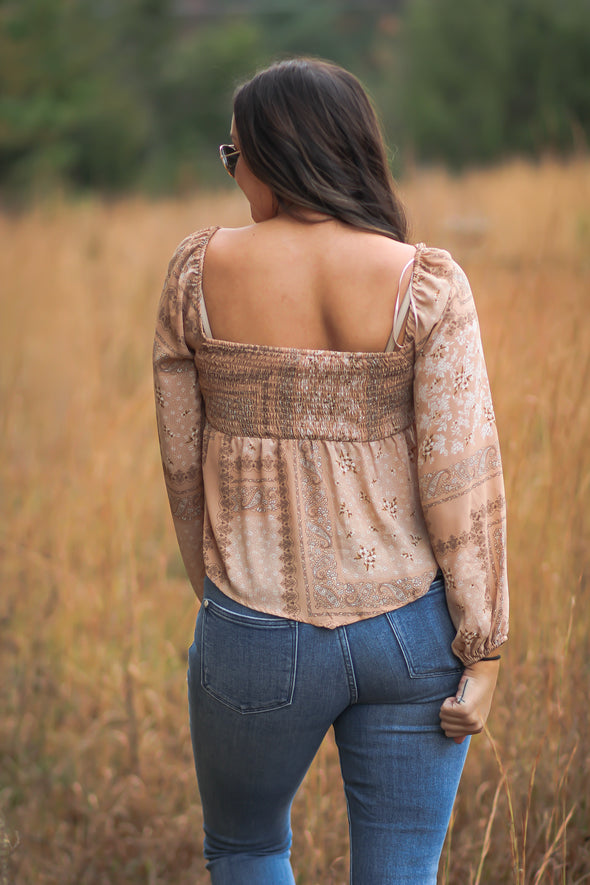 Taupe Paisley Smocked Balloon Sleeve Top