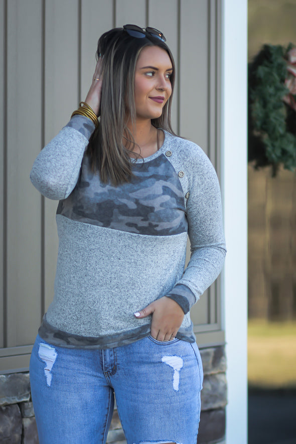 Heather Grey & Camo Button Detail Top