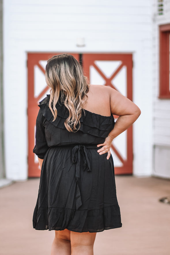 Black One Shoulder Ruffle Detail Mini Dress In Regular & Curvy
