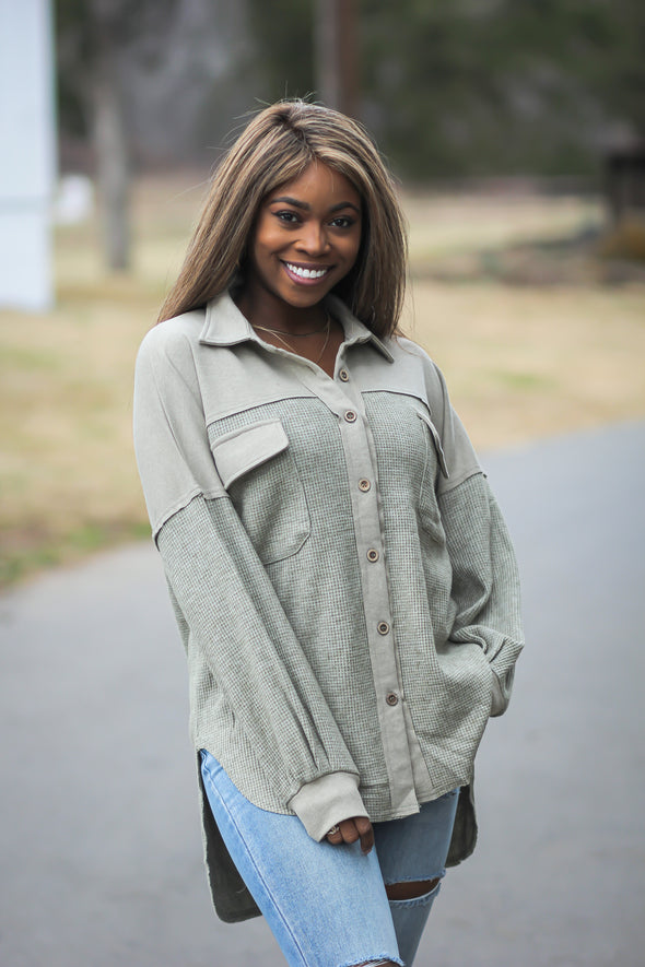 Olive Thermal Knit Button Down Top