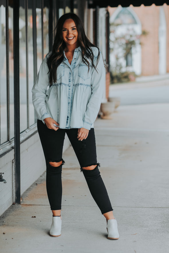 Washed Denim Peplum Button Down Top