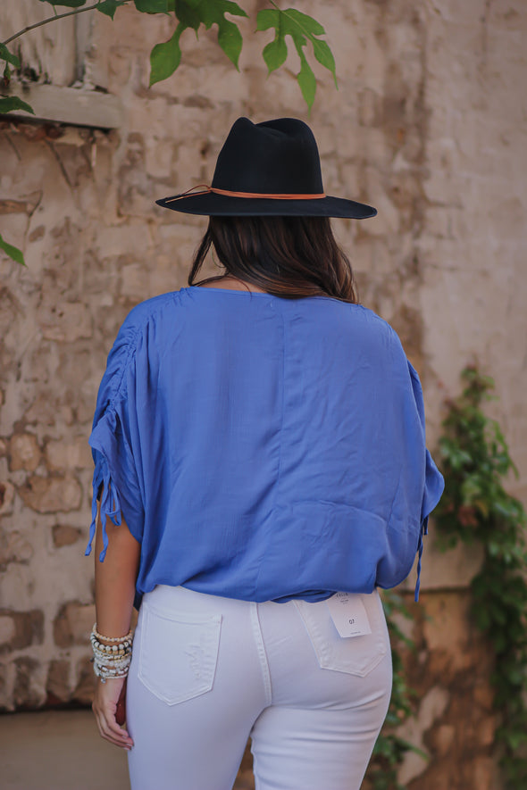 Indigo Blue Surplice Tie Sleeve Blouse