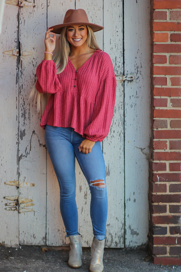 Bright Rose Ribbed Babydoll Top