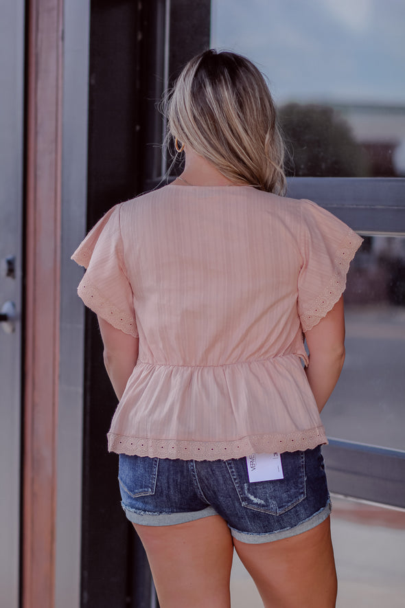 Blush Lace Button Down Peplum Top