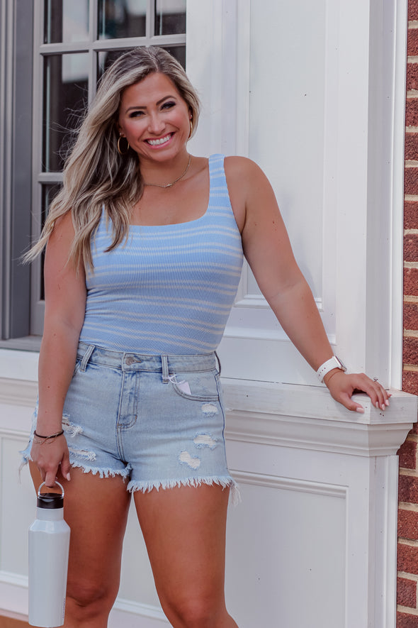 Blue & Ivory Striped Ribbed Bodysuit