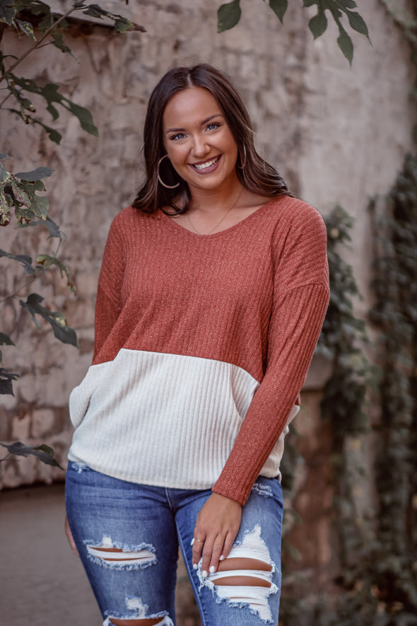 Rust & Ivory Colorblock Metallic V Neck Top