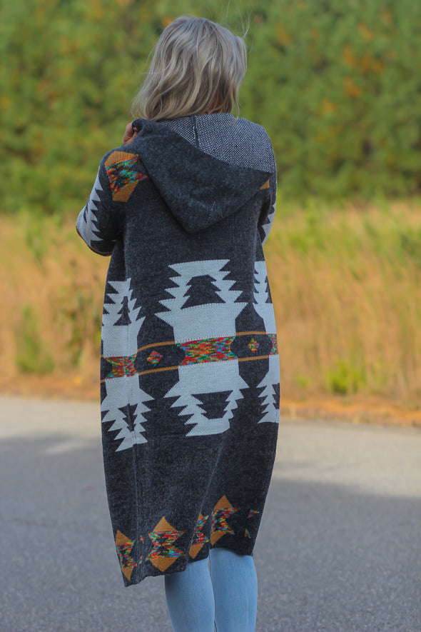 Charcoal Aztec Hooded Duster Cardigan