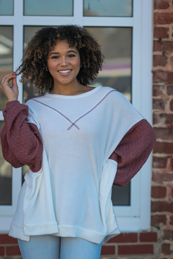 Ivory & Mauve Contrast Bubble Sleeve Top