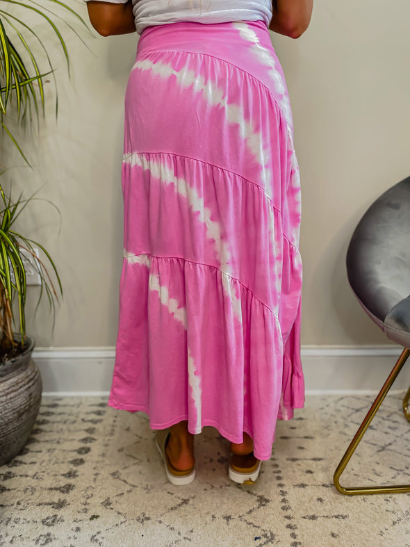 Pink Tie Dye Tiered Midi Skirt