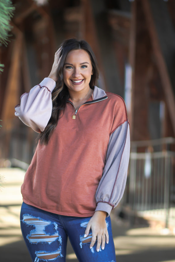 Rust & Taupe Colorblock Quarter Zip Pullover