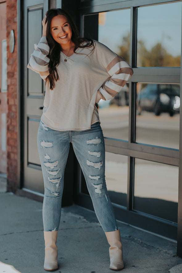 Taupe & Stripe Contrast V Neck Long Sleeve Top