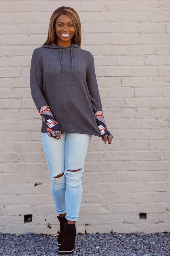 Charcoal Aztec Soft Knit Hooded Top