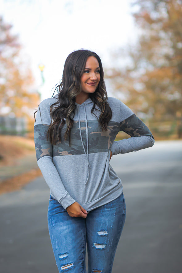 Heather Grey & Camo Contrast Hooded Top in Regular & Curvy