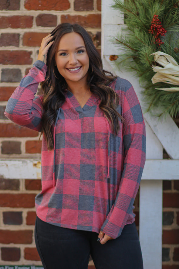 Red Buffalo Plaid Hooded V Neck Top