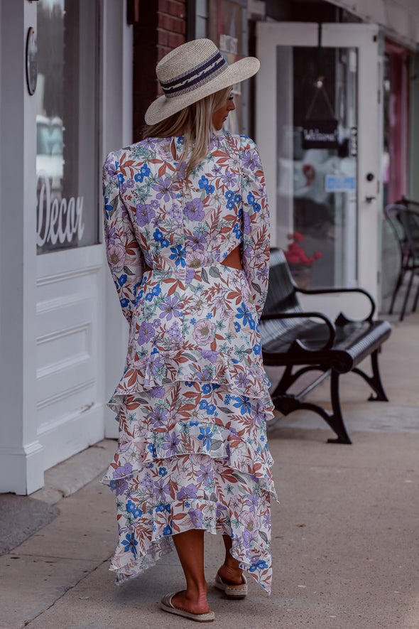 Floral Puff Sleeve Cut Out Midi Dress