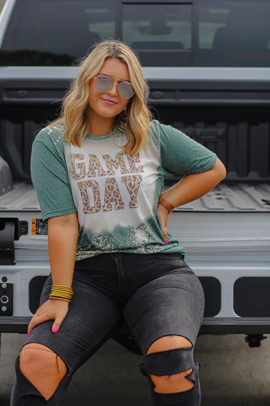 Olive Leopard Game Day Bleached Graphic Tee
